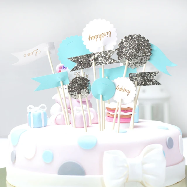 13 Pcsset Shiny Baby Shower Cake Flags Signs Gold Silver For Kids