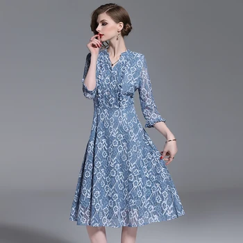 

HAMALIEL European High Quality Midi Dress Summer Women Blue Lace Floral Hollow Out Party Dress Slim Vintage Ruffles Vestidos