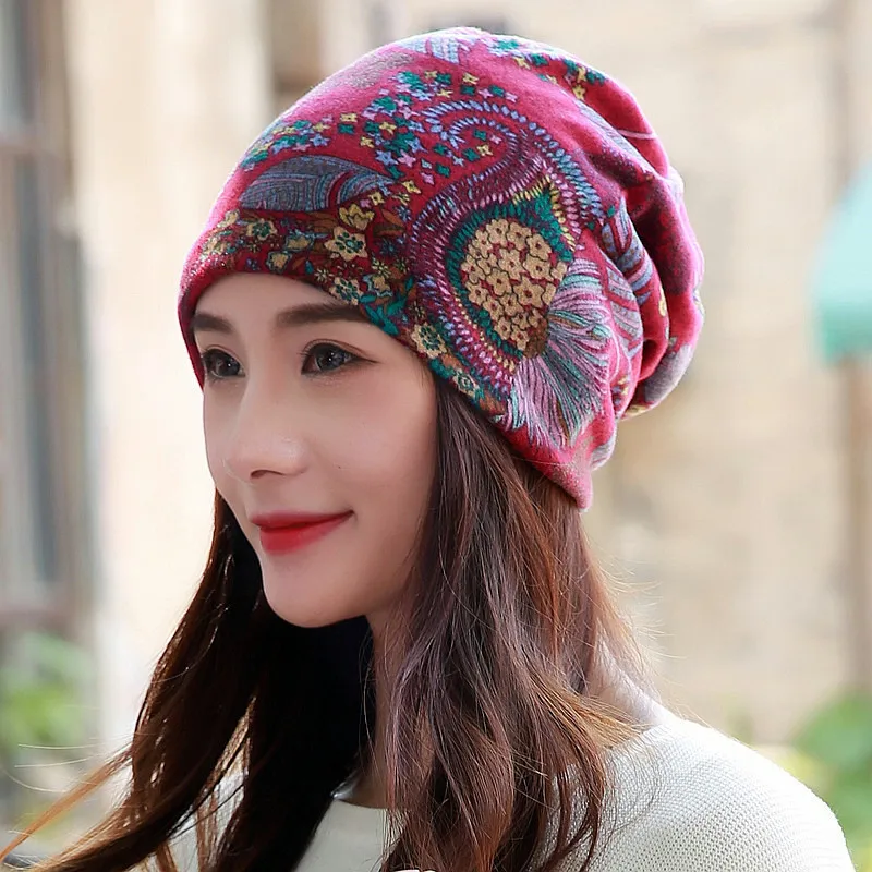 Long Keeper Hot! Women Hat Polyester Adult Casual Floral Women Hats Spring Autumn Female Cap Scarf 5 Colors Fashion Beanies