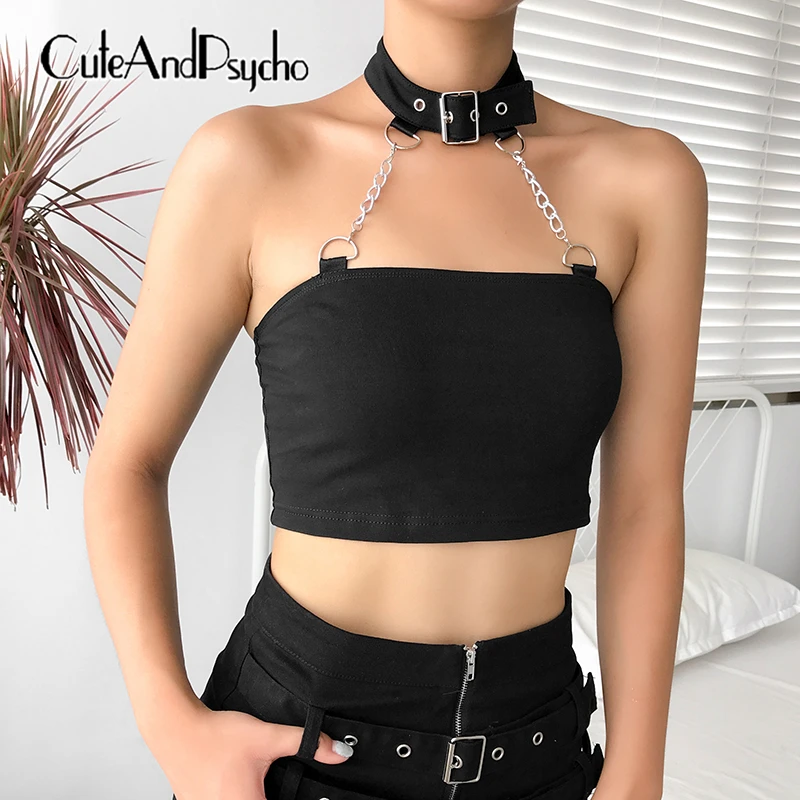 

2019 Buckle Halter Woman Crop Top Sexy Chain Black Camis Top Backless Sleeveless Tops Tee Summer Gothic Streetwear Cuteandpsycho