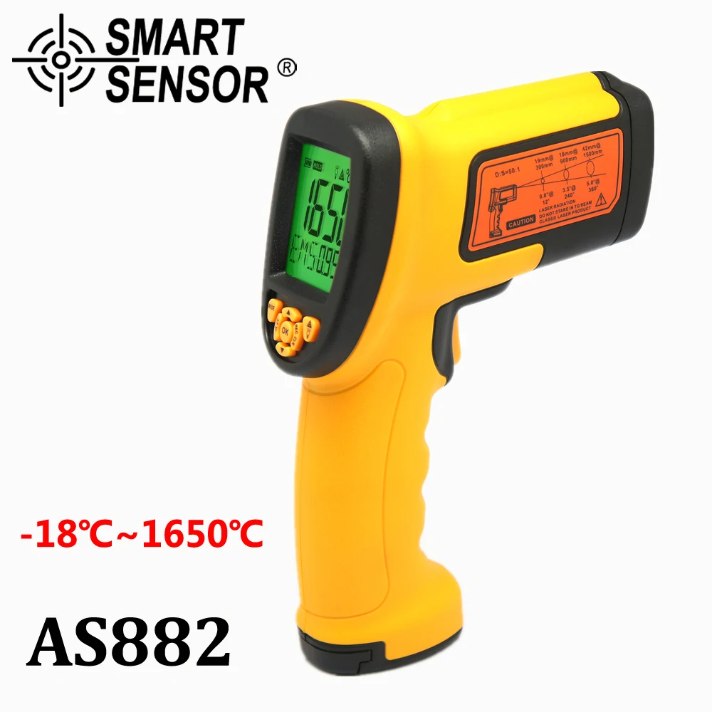 

SMART SENSOR AS882 Non-Contact Pyrometer LCD Display 50:1 Digital IR Infrared Temperature Tester -18~1650 Degree Thermometer