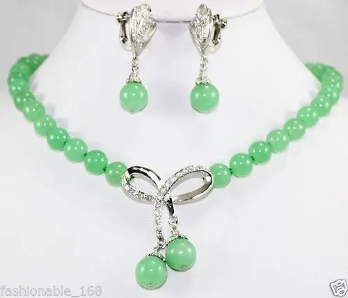 

HOT SELL - Beautiful Jewelry Green Jade Bow Pendant Necklace Earring SetAA10 NEW -Top quality free shipping