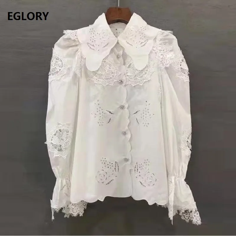 Новые корейские модные блузки рубашка Осенняя Элегантная блузка для женщин отложной воротник аппликации кружева лоскутное рубашка с длинным рукавом OL