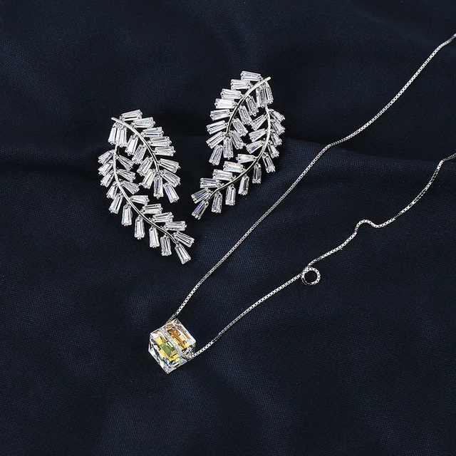 Very Girl Amazing Beautiful Silver Color Copper AAA Cubic Zirconia Leaves Stud Earrings And Necklace Jewelry