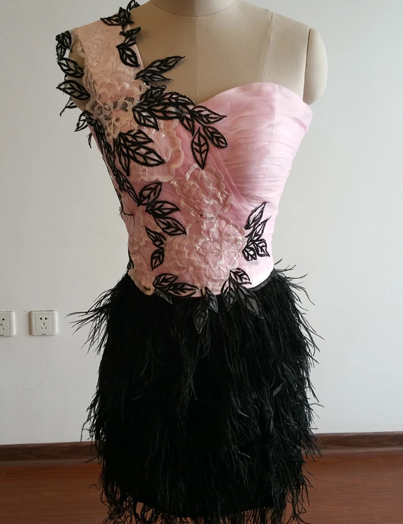 Custom Made Mini Cocktail Dress Pink Organza and Black Fur One Shoulder