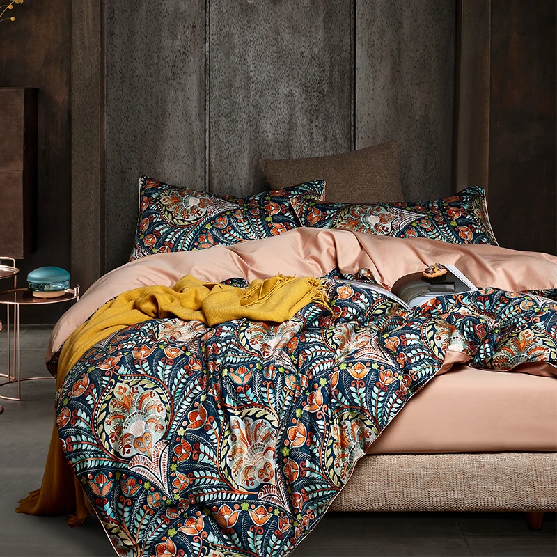  Blue floral Painting bedding set European Satin 100% Egyptian cotton pastoral king queen size bed s