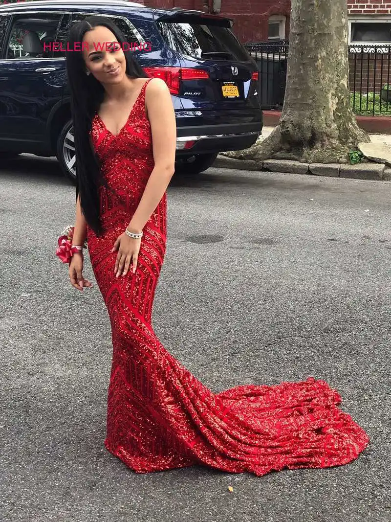 Glamorous Sequin Mermaid Prom Dress V Neck Floor Length Chapel Train Burgundy Robe De Bal Femme Longue | Свадьбы и торжества
