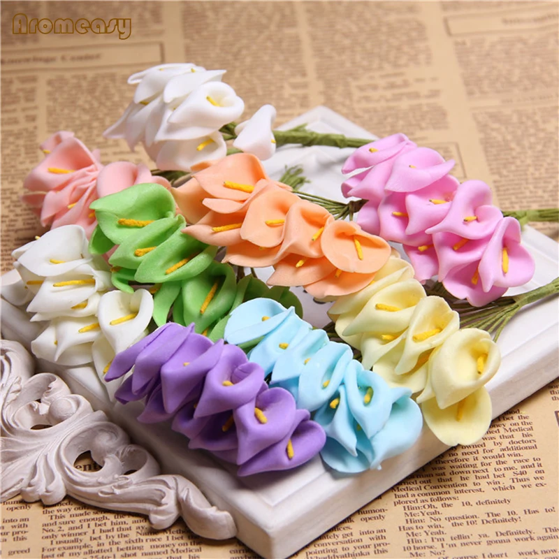 

Aromeasy 12pcs Mini PE Calla Handmake Artificial Flower Bouquet Wedding Decor DIY Wreath Gift Box Scrapbooking craft Fake flower