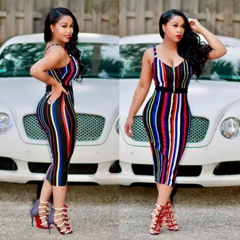 

New Fashion Sexy Womens Striped V-neck Bodycon Sleeveless Evening Party Dress Stylish Womens Skinny Dresses