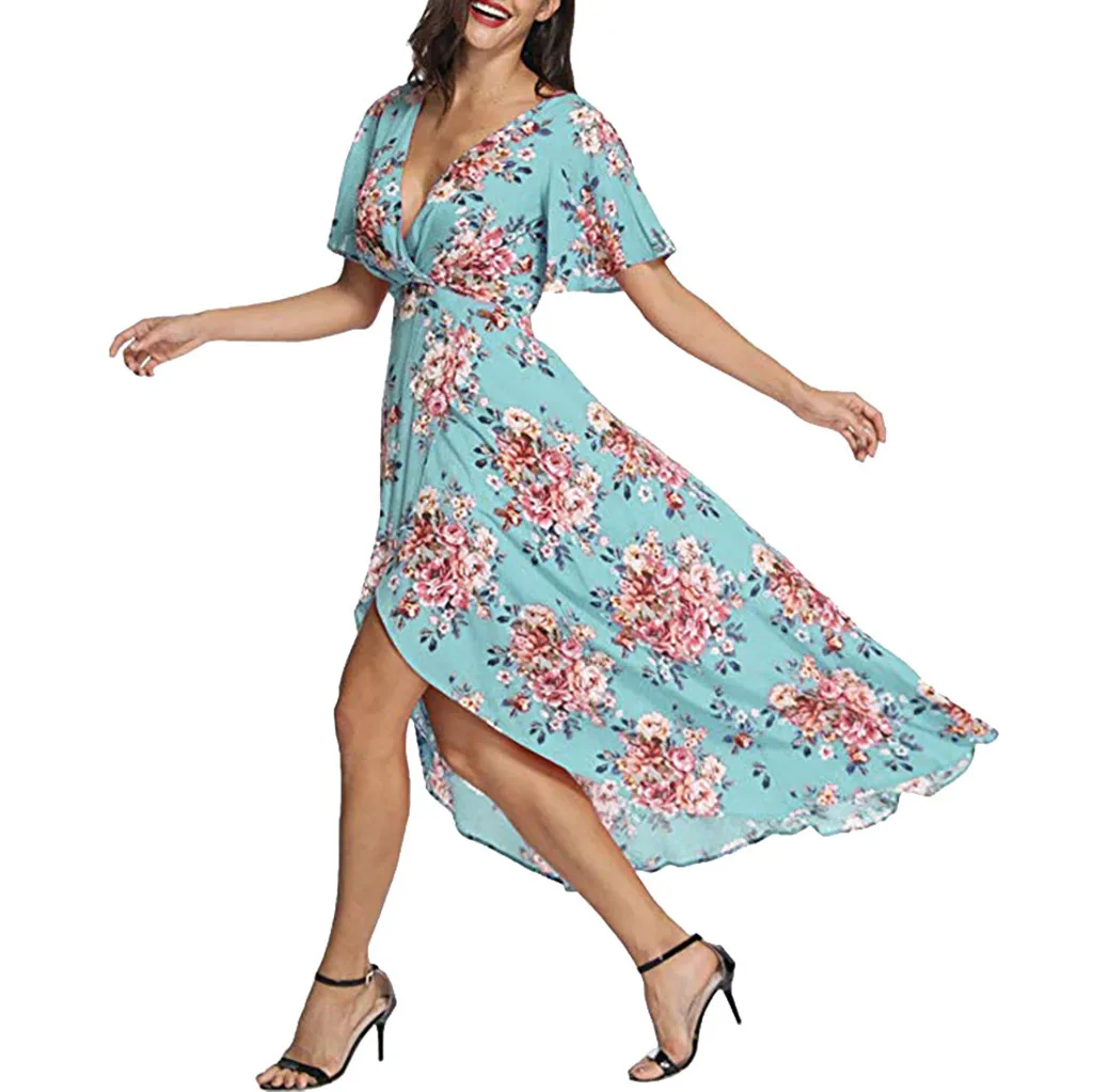 Maxi Dress Women Summer V Neck Short Sleeve Floral Print Beach Party ...