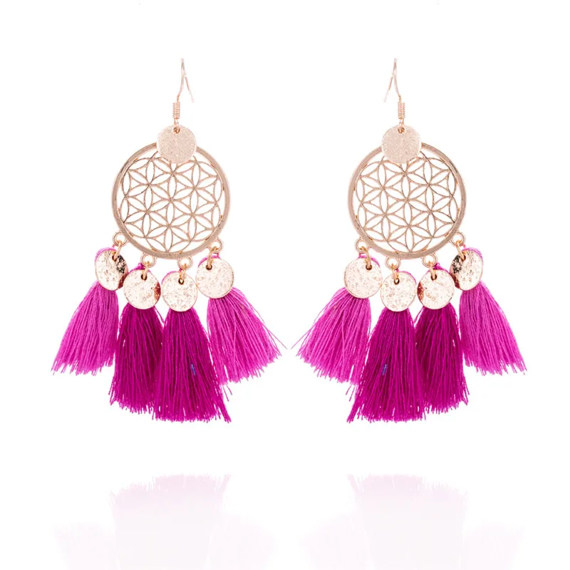 Gold color round sequins boho ethnic tassel drop earrings Women ladies fashion earring bohemia statement vintage wedding - Окраска металла: E020314