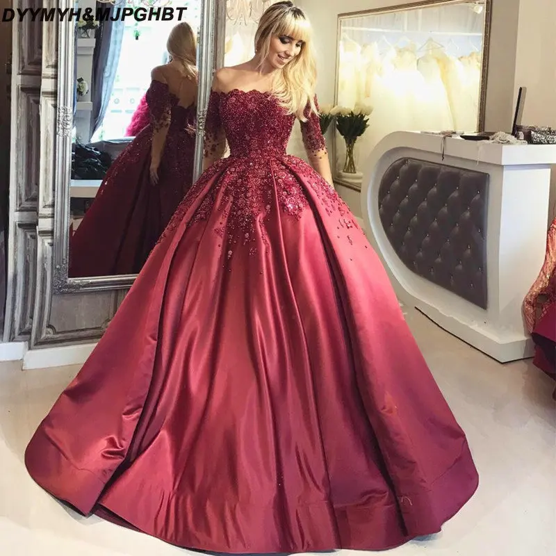 Bungundy Puffy 2019 Cheap Quinceanera Dresses Ball Gown Half Sleeves Appliques Lace Pearls Sweet 16 Dress_