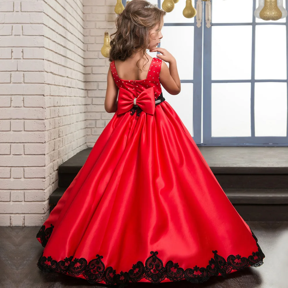 Hot Sleeveless Flower Girls Dresses Tulle Red Satin Appliques Long