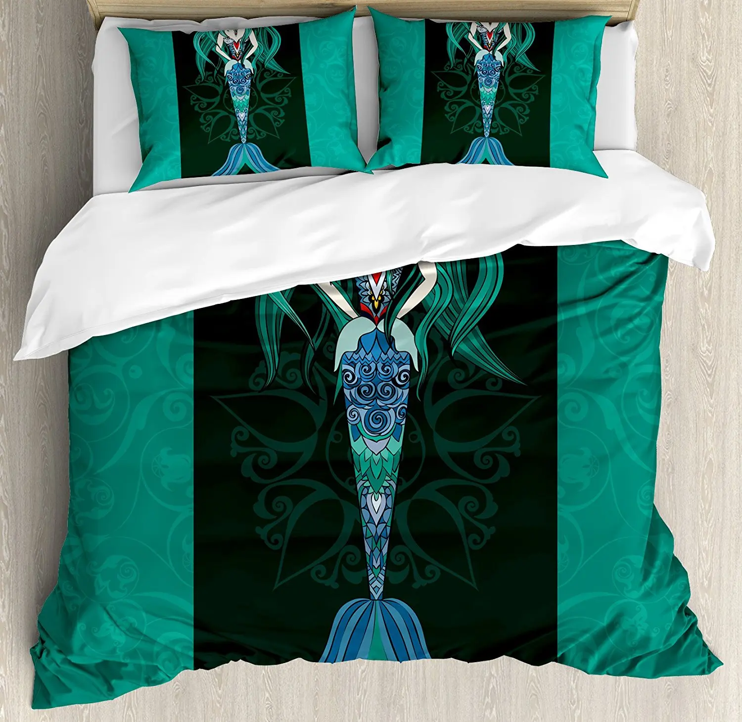 Mermaid Duvet Cover Set Hand Drawn Mermaid on Ornate Mandala Backdrop