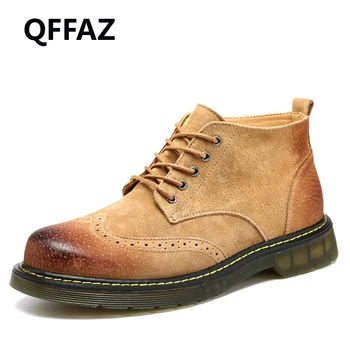 

QFFAZ 2018 New Men Ankle Boots Fashion Spring Footwear Suede Leather Men shoes Lace Up Casual Short Boot Brown Khaki Men Boots