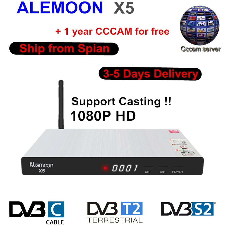 

Gotit ALEMOON X5 DVB-S2/ DVB T2 Casting function Satellite Receiver+1 year CCcam for Spain Portgual Europe full 4K receptor