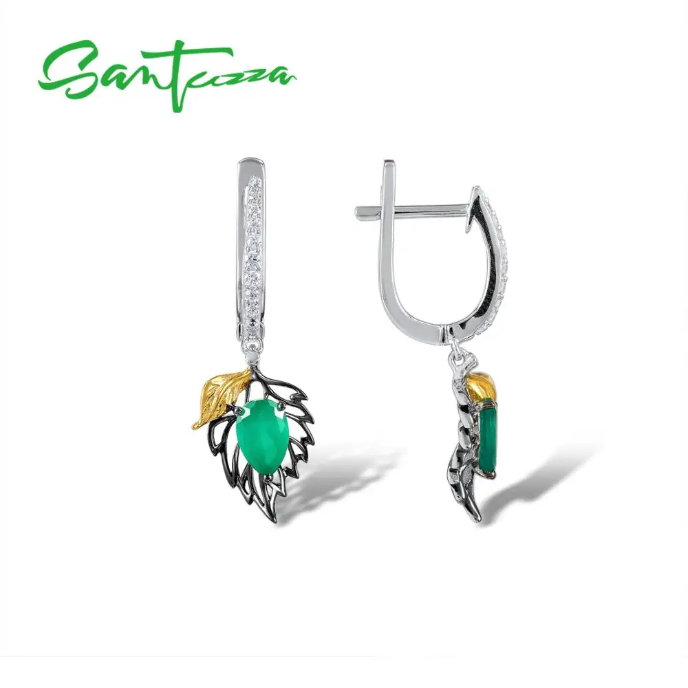 Tanie SANTUZZA 925 Sterling Silver gruszka zielony agat spadek kolczyki biżuteria okrągły biała cyrkonia typu kostka wiszące kolczyki kobiet dla kobiet