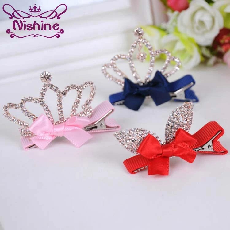 Nishine 1 sztuk dziewczyny klips do włosów błyszcząca korona Rhinestone księżniczka spinki dzieci uszy królika Barrettes peruki imprezowe akcesoria
