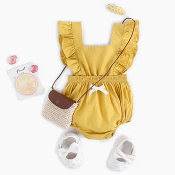 

Sweet Infant Toddler Bow Rompers Cute Yellow Color Rompers Fly Sleeve New Fashion Sweet Baby Girls 2019 Summer Rompers
