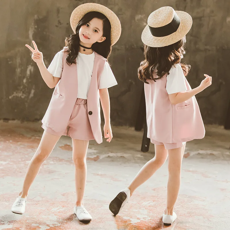 

Teenage Girl Clothing Set Summer Pink Jacket Shorts Tracksuit 3pcs School Uniform Suit Girls Clothes Children Outfits 8 10 Years