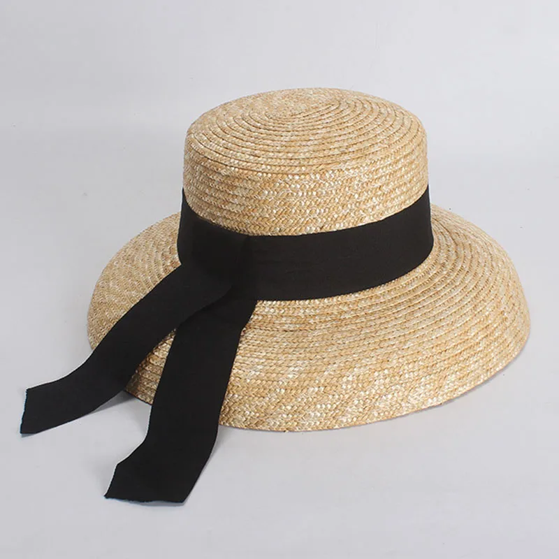 Широкополый летний солнцезащитный головной убор для женщин Кентукки шляпа котелок женская соломенная шляпа черная лента плоский Топ ручной работы для отдыха пляжные шляпы