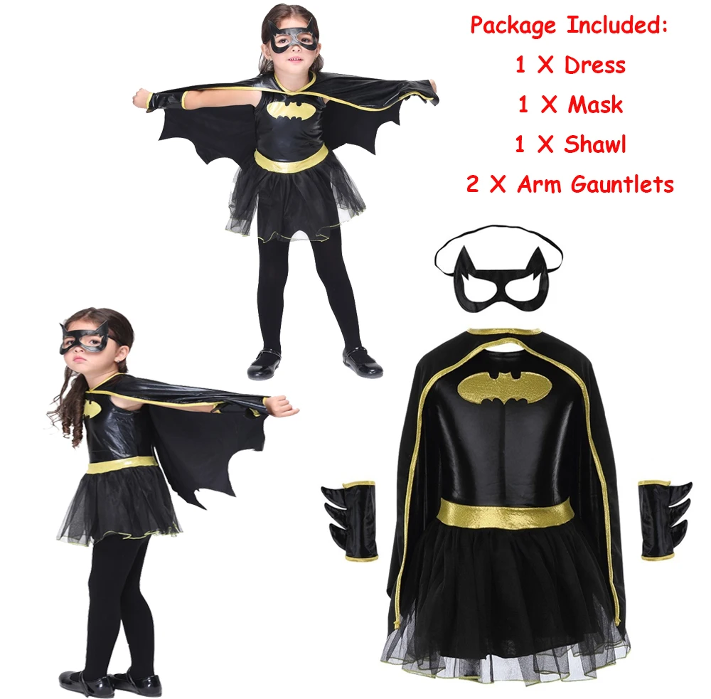 

Girls Batman Batgirl Fancy Dress Children Superhero Costume Outfits Tutu Dress Kids Disguise Carnival Party Cosplay Dress Cloak