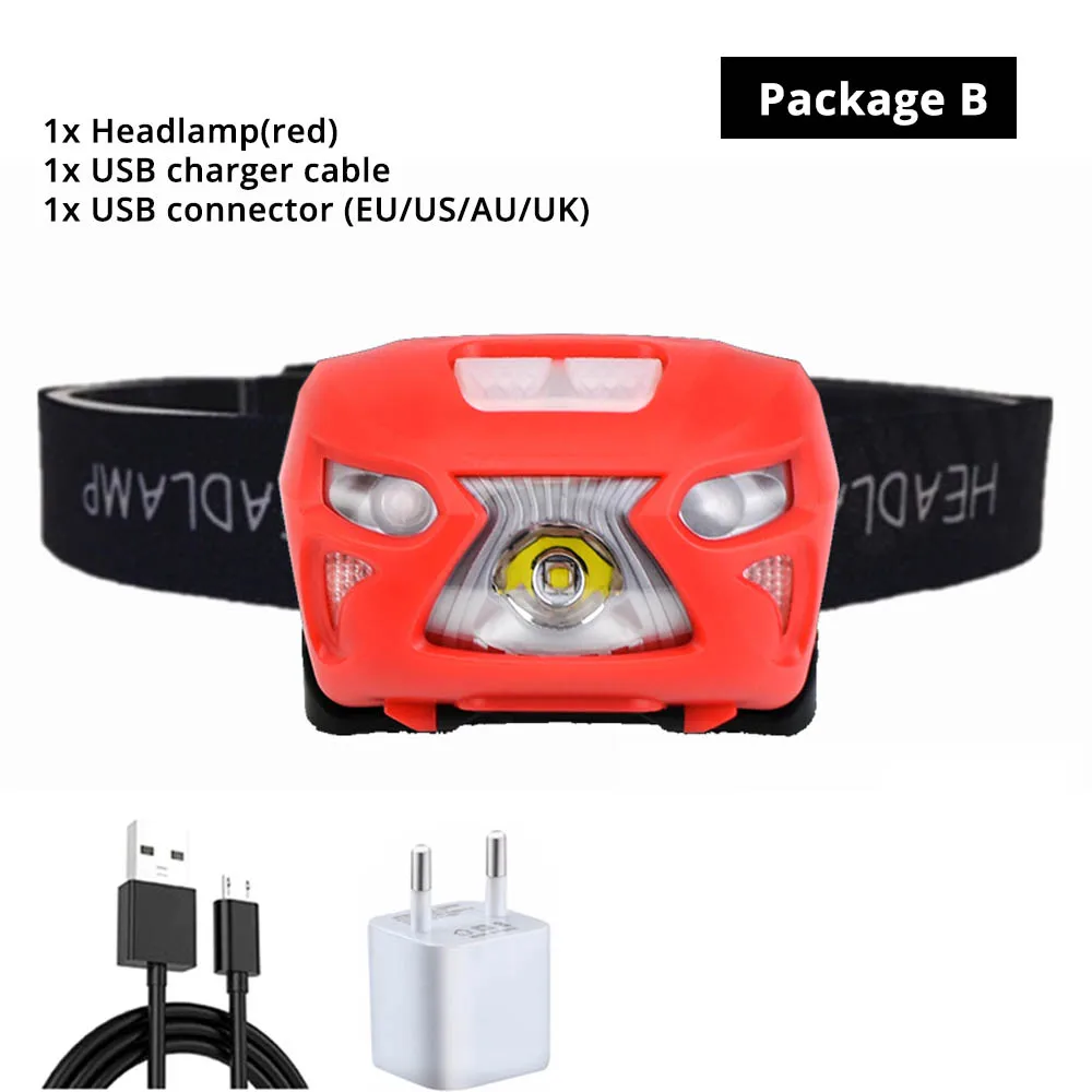 Светодиодный налобный фонарь с датчиком движения, перезаряжаемые Налобные фонарики USB 5 Вт, 8 режимов, идеально подходит для рыбалки, прогулок, кемпинга, чтения - Испускаемый цвет: red-B