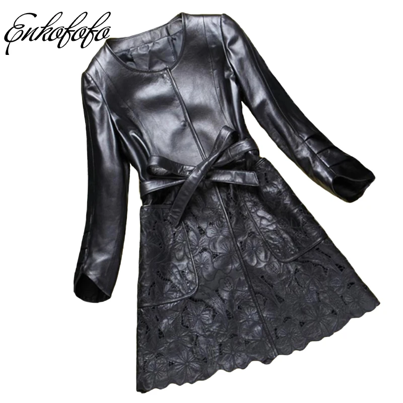 Novo Design de Moda Quente Primavera Outono Jaquetas De Couro Genuíno Mulheres Jaqueta Cintura Ajustável Oco Jaqueta Roupas de Couro Longo