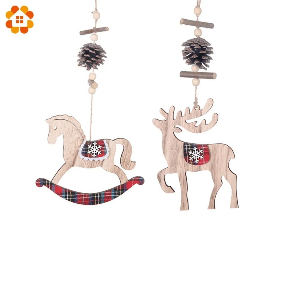 

1PC Christmas Horse/Deer Pendants Wooden Xmas Ornaments with Pine Cone Wood Material Xmas Tree Christmas DIY Decor Supplies
