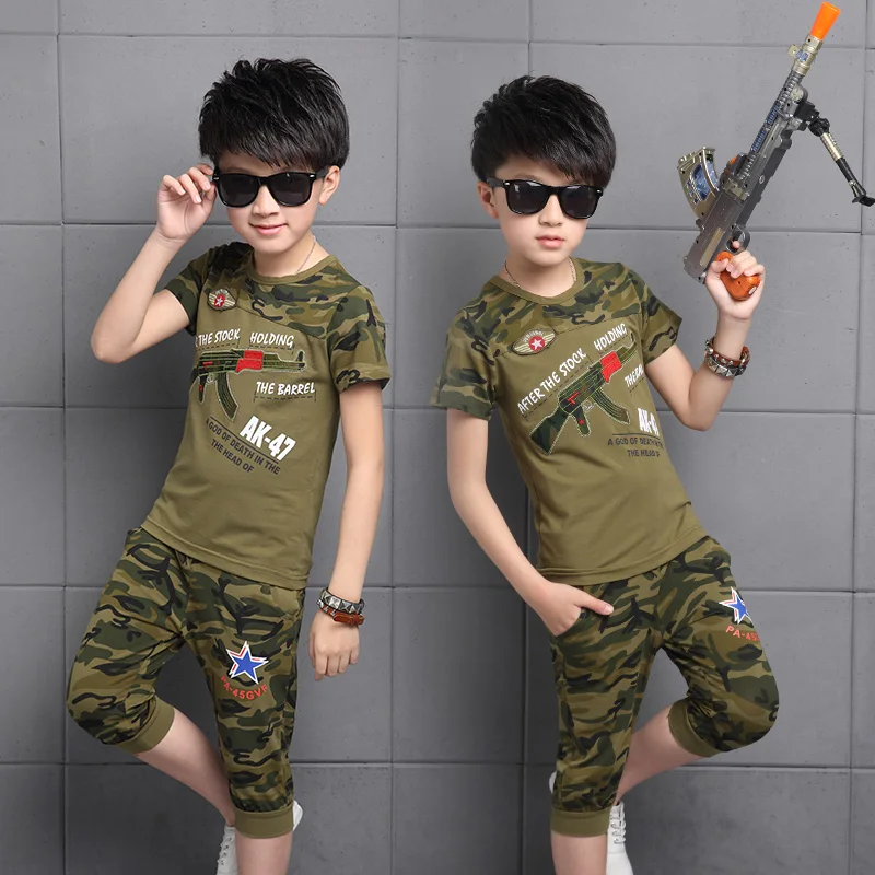 

2019 Summer Boys Clothing Set Short-Sleeve Camouflage Set Children's Clothing Cotton Army Green Kids Suit For 5-13Y