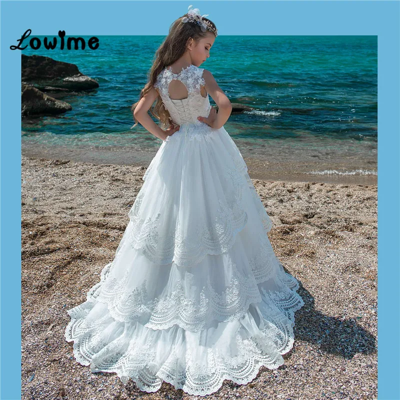 Многоуровневое Кружева аппликация для девочек в цветочек платья для свадеб индивидуальный заказ белый 2018 Платья для церемонии причастия