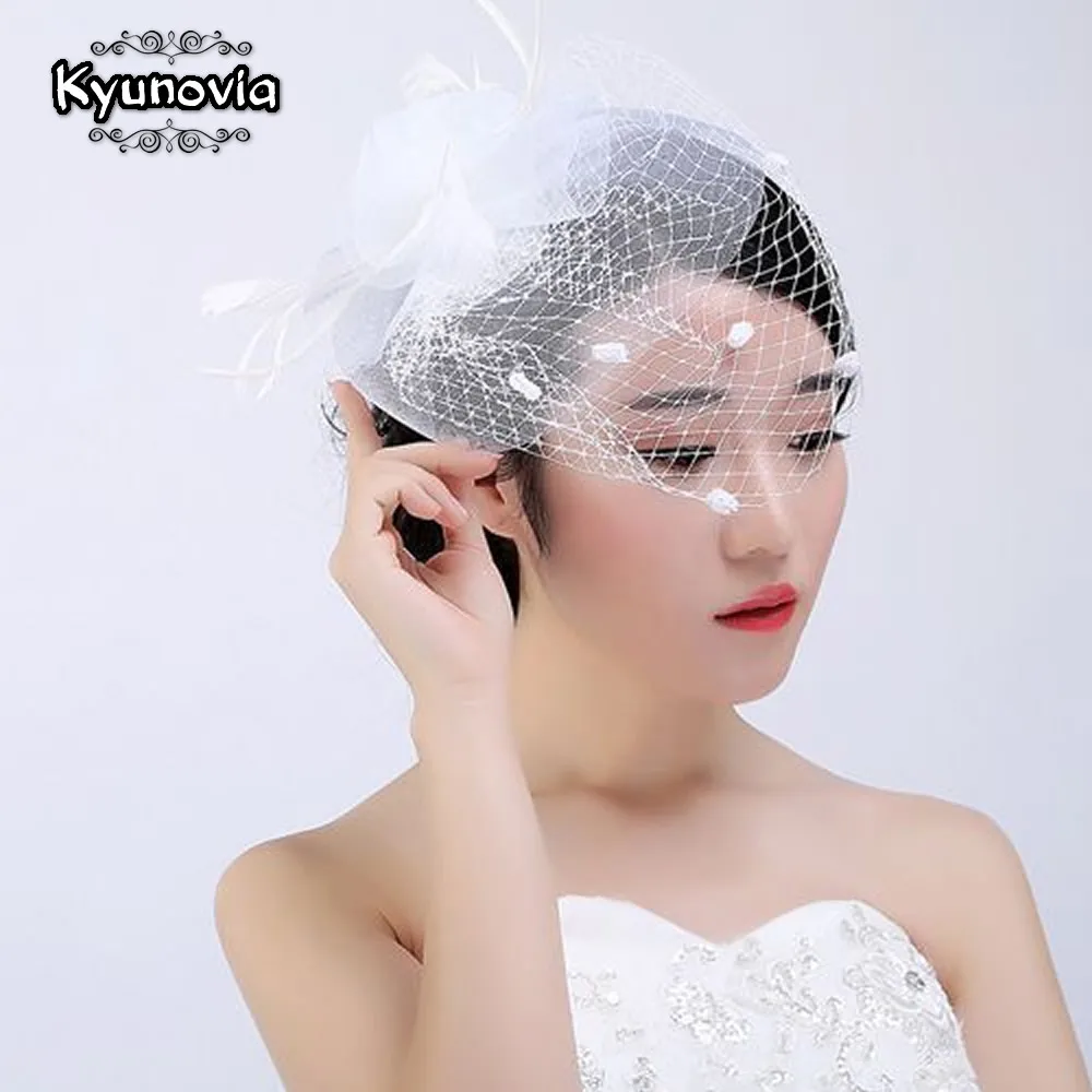 White Bridal Net Feather Hat with Veil - Kyunovia Bridal Flower Feathers Fascinator for Wedding Bride image 3