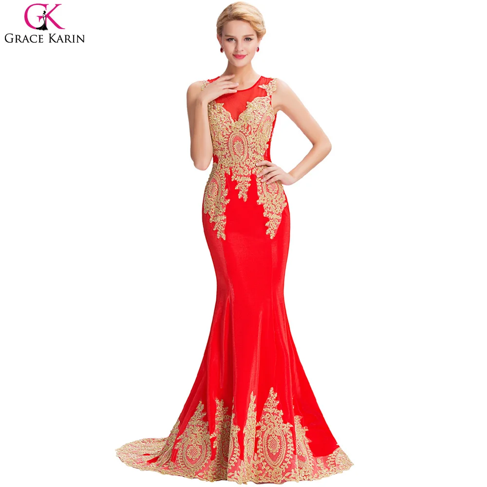 red prom dress with gold accents