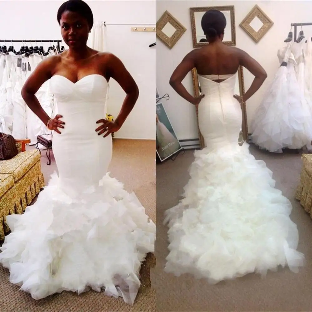 

New Plus Size Sweetheart Mermaid Wedding Dresses Ruffles Sweep Train White Bridal Gowns Cheap Online Black Girls Vestidos De