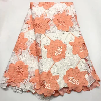 

2019 Newest High quality french water soluble lace fabric with stones White+Peach nigerian guipure fabric lace 2019 lace