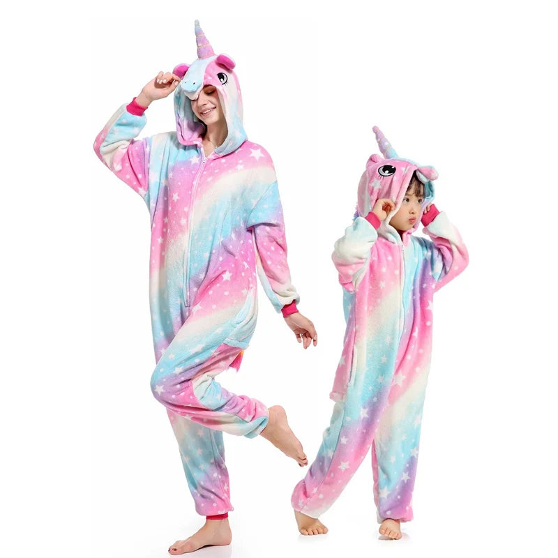 16 Style Flannel Animal Family Matching Pajamas Outfits Winter Hooded Pegasus Unicorn Panda Pyjamas Onesie Mother Kids Sleepwear