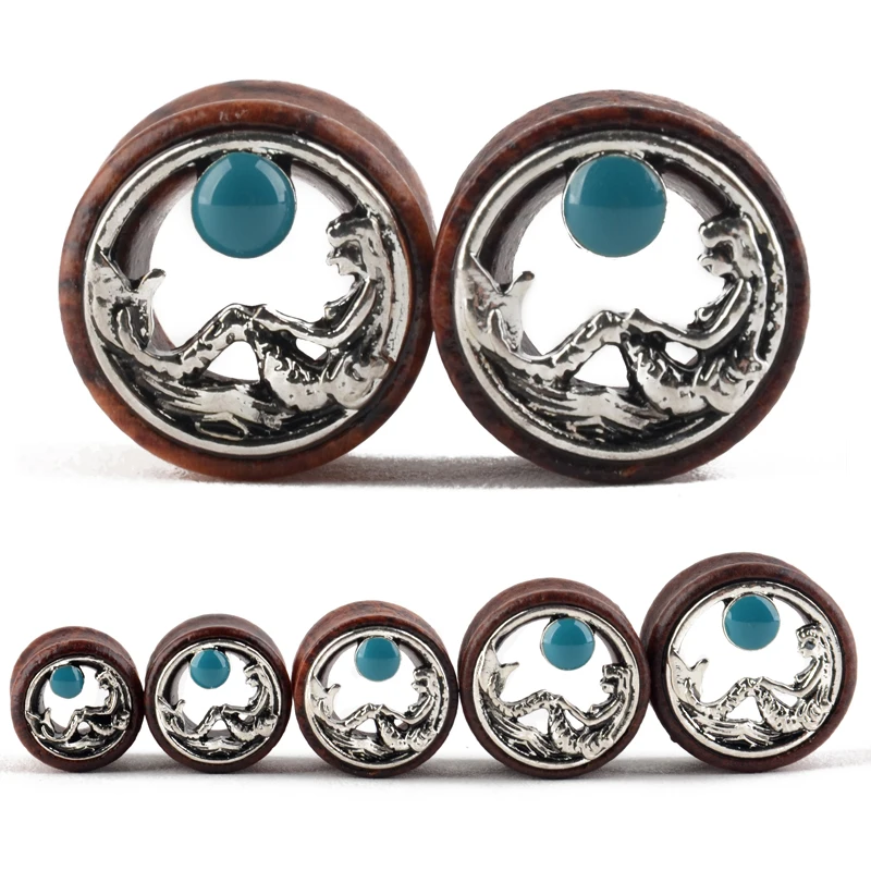 

Body Piercing Jewelry Ear Expander 1 Pair Wooden Silver Mermaid Flare Flesh Tunnel Ear Plugs Expander 12-20mm Ear Stretcher