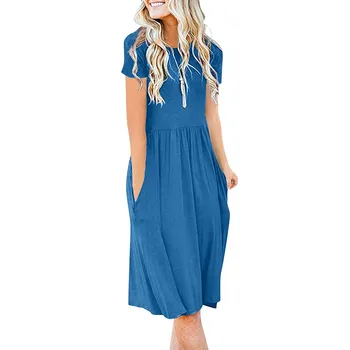 

Autumn Fashion Women's Solid Short Sleeve Pockets Empire Waist Pleated Loose Plus Size Swing Flare Dress Wholesale платье XT