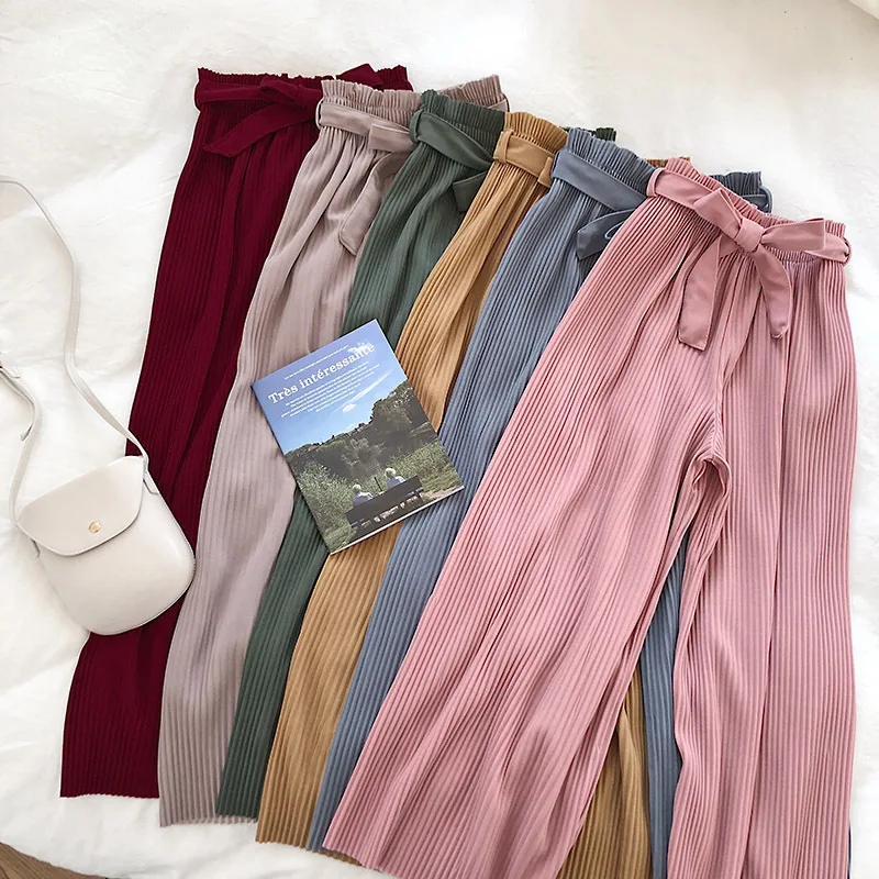 

Korean Women Wide Leg Pants Loose High Waist Solid Pants New 2019 Casual Vertical Soft Pleated Pant Trousers Female Sash Pants