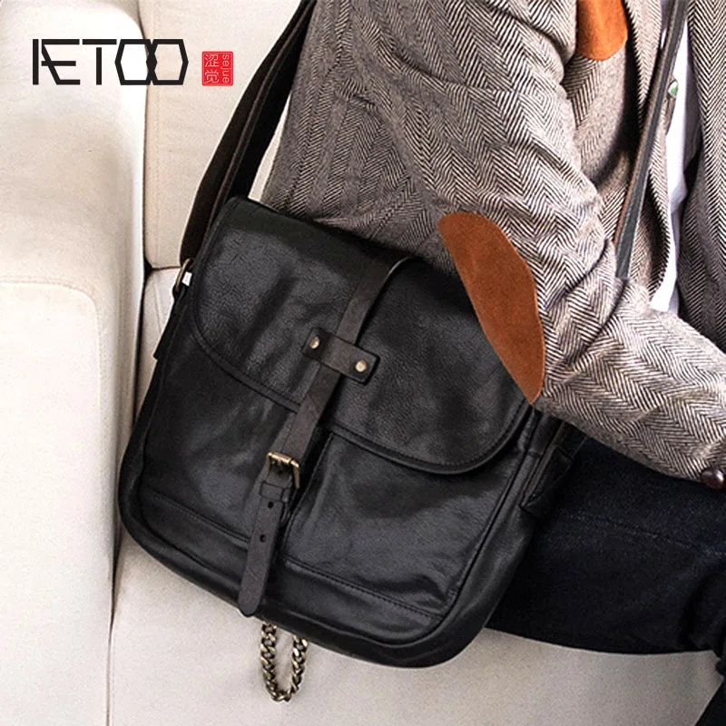 

AETOO Imported head cowhide crossbody bag leather men's shoulder Baotou layer Postman Pack Square bag