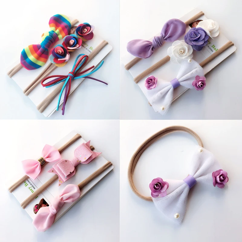 3pcs/Sets Newborn Infant Baby Girls Boys Headband Flowers Rainbow Print Headwear 3 Colors afbeelding