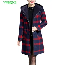 Плюс размер, Женское шерстяное пальто с капюшоном, весна-осень, Свободный Повседневный Кардиган, куртка, Корейская женская клетчатая длинная куртка, пальто 6XL A299
