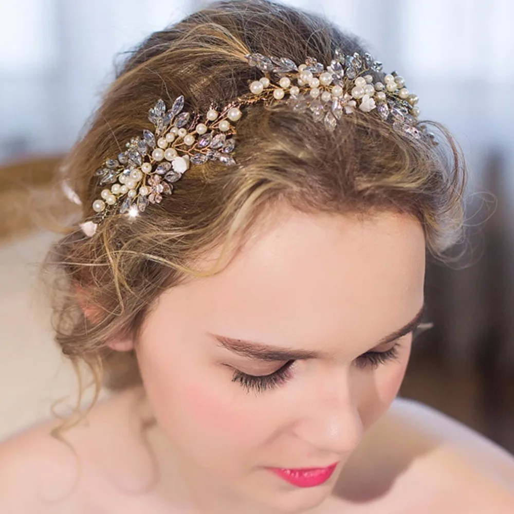 

Top Quality bridal Wedding Party jewelry Gold sliver Leaves Pearl Headbands Flower Head Piece Bride Vintage Hair bands