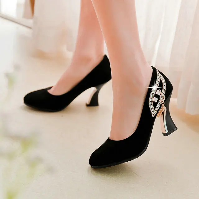 2017 New Fashion Women Shoes High Heel Flock Shallow Mouth Round Toe Black Pumps Shoes Woman Crystal Shoes Spring Autumn Size 43