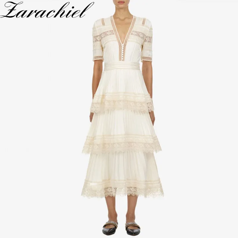 

Self-portrait Vintage Lace Embroidery Patchwork Layer Cake Pleated Dress 2019 summer Women Short Sleeve V Neck Long Party Dress