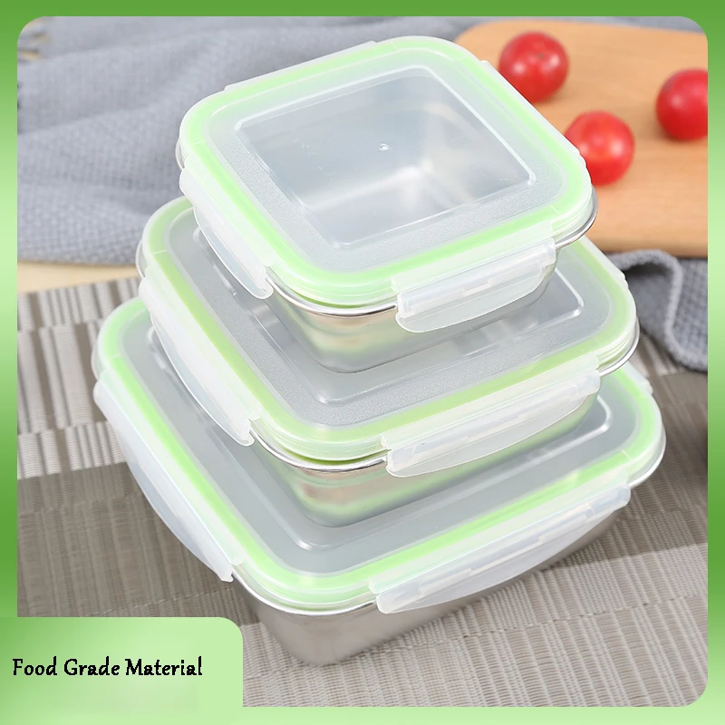 

3PCs Leak-proof 304 Stainless Steel Lunch Box Square Microwave Induction Cooker Heating Bowl Sealed Fresh-keeping Food Container