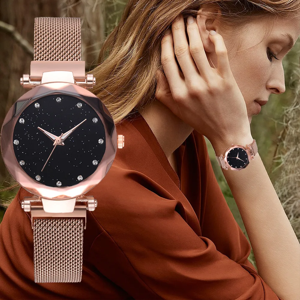 

New Fashion Casual Quartz Stainless Steel Mesh Belt Watch Hot Sale Analog Wrist Watch For Feminino Luxury Rhinestone Watch Clock