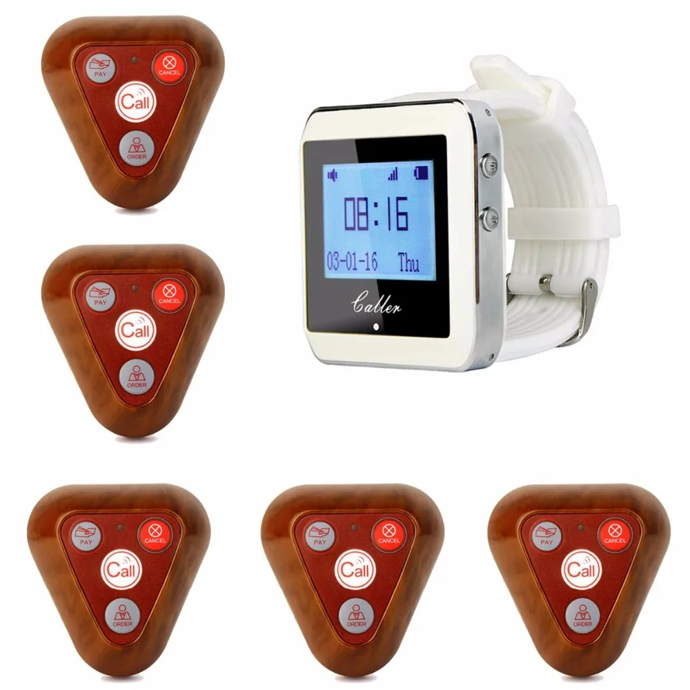 

Wireless Ordering System Restaurant Pager Waiter Calling Paging System 1 Receiver Host +5 Wooden Call Button Transmitter F3288B