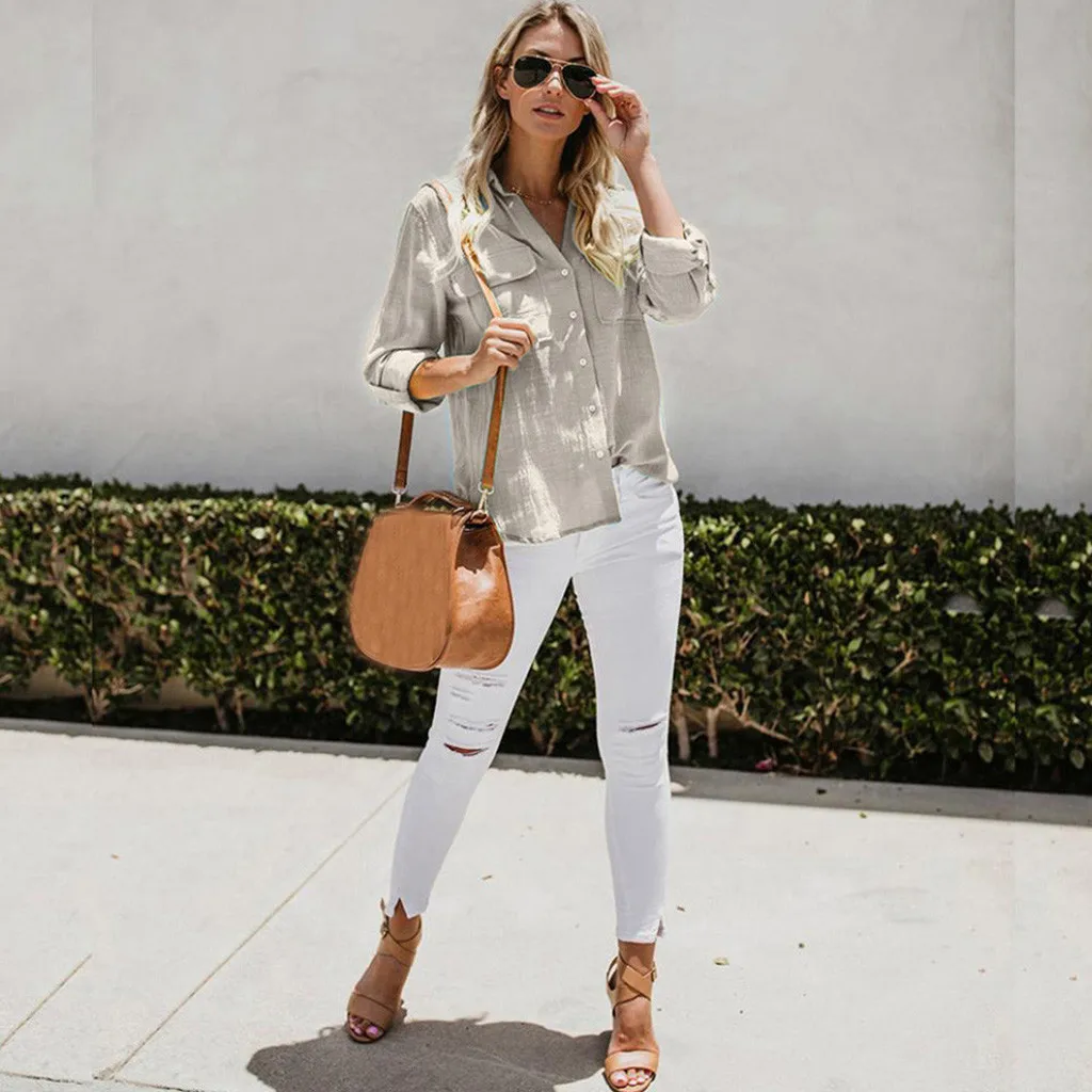2019 New Shirt Blouse Women Cotton linen Casual Solid Long Sleeve Shirts Blouses Button Down Tops Female Clothes Autumn Fashion