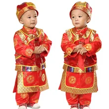 Хлопковый Новогодний комплект одежды из 3 предметов для маленьких мальчиков, платье с длинными рукавами+ жилет+ шапка, Детский костюм в стиле Тан для мальчиков, китайские традиционные костюмы